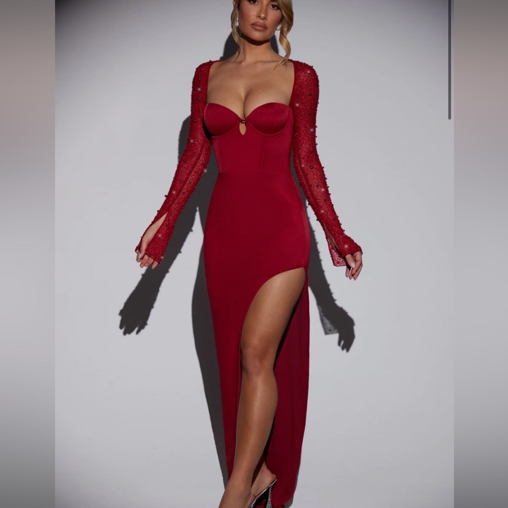 Never worn embellished side slit red maxi dress